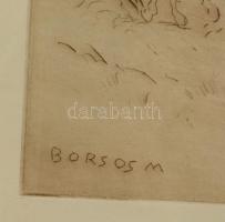 Borsos Miklós (1906-1990): Lovasok. Rézkarc, papír, jelzett, üvegezett keretben,  14×29 cm
