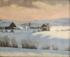 Karczag Zoltán (1881-1944): Téli táj házakkal. Olaj, vászon jelzett, sérült üvegezett keretben, 50×60 cm