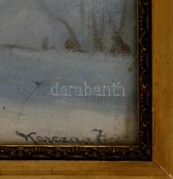 Karczag Zoltán (1881-1944): Téli táj házakkal. Olaj, vászon jelzett, sérült üvegezett keretben, 50×6...