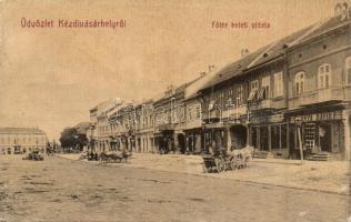 Kézdivásárhely, Targu Secuiesc; Fő tér keleti oldala, Mánya Dávid, Pánczél Károly, Bartha Gyula és Császár Gergely üzlete. No. 176. / main square, shops