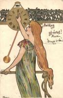 1901 Boldog Újévet! / Art Nouveau golden litho art postcard s: Kieszkow