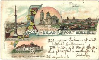 1898 Eger, Török mecset, Székesegyház, Érseki Lyceum, látkép, Beznák Gyula kiadása, floral litho (Rb)