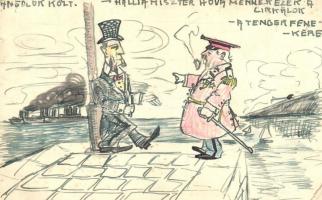 1915 Angolok közt. Kézzel rajzolt humoros hadihajós karikatúra Alfred von Tirpitz-ről / WWI humorous naval caricature, hand-drawn (EK)
