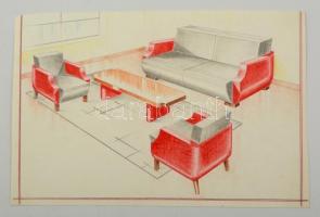 1935-1937 Kerekes Gyula tervező iparművész art deco hatásokat mutató lakberendezési és bútor-tervraj...