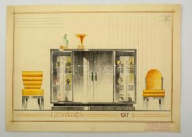 1935-1937 Kerekes Gyula tervező iparművész art deco hatásokat mutató lakberendezési és bútor-tervraj...