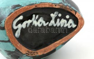 Gorka Lívia (1925-2011): Türkiz-fekete váza, kézzel festett mázas kerámia, jelzett, hibátlan, m:32 c...