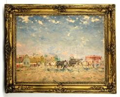 Csillag József (1894-1977): Cséplőgép vontatás a faluban. Olaj, vászon, jelzett, keretben, 60×80 cm