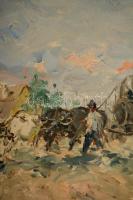 Csillag József (1894-1977): Cséplőgép vontatás a faluban. Olaj, vászon, jelzett, keretben, 60×80 cm