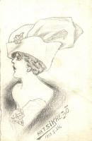 1913 Kalapos hölgy, eredeti kézzel rajzolt képeslap / Lady in hat, original handdrawn postcard s: Hatsik Rezső