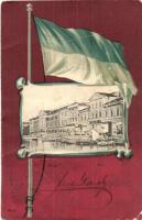 Pola, kikötő, zászlós litho lap / Riva / port, flag, M. Clapis litho (fa)