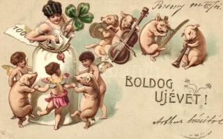 Boldog Új Évet! / New Years greeting card with dancing musician pigs, angels, lady in money bag, clover, golden Emb. litho (EK)