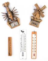 5 db különböző hőmérő, közte vörösréz, zománc, fa, különböző méretekben