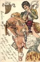 Bor, Dal, Szerelem XVII. c. / Baroque couple, horse, wine art postcard, litho (EK)