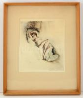 Prihoda István (1891-1965): Fekvő akt. Színezett rézkarc, papír, jelzett, üvegezett keretben, 27×23 ...