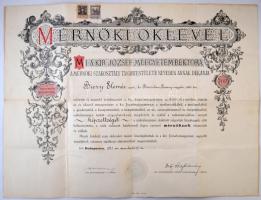 1921 Kir. József-műegyetemi mérnöki diploma, Zelovich Kornél (1869-1935) rektor, és Dr. ifj. Szily Kálmán (1875-1958) dékán aláírásaival, szárazpecséttel, okménybélyegekkel, hajtásnyomokkal.