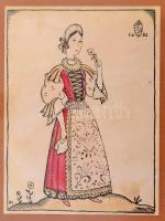 Pekáry István (1905-1981): Történelmi viseletek.( 4db) Akvarell-tus, papír, foltos, jelzett, üvegeze...