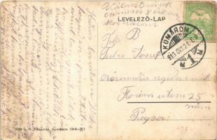 1913 Komárom, Komárno; Nádor utca, Szentháromság szobor, Löwinger üzlete, Központi szálloda, Fischer...