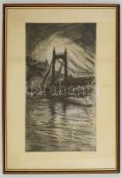 Szőnyi István (1894-1960): A régi Erzsébet-híd. Rézkarc, papír, jelzett, üvegezett keretben, 49×28 c...