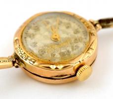 Arany (Au) 14 K női karóra, jelzett, nem müködik, "Garay János Gyula" karton ékszeres dobo...