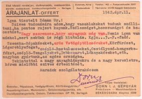 1942 Békéscsaba, A Dorn I.J. Gépgyár Rostalemezgyár és Présüzem reklámos levelezőlapja