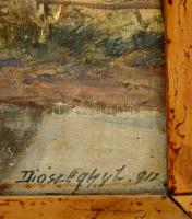 Diószeghy László (1877-1942): Kunyhók a pataknál. Olaj, vászon, antik keretben, 50×70 cm