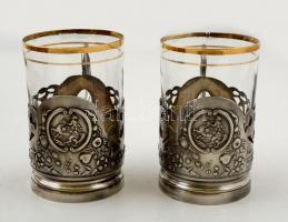 2 db szamovár teás fém pohár üvegbetéttel, hibátlanok, aranyozásnál apró kopásnyomokkal, m: 11 cm