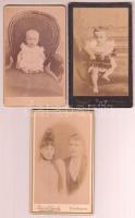 cca 1890-1900 2 db babafotó + 1 párról készült fotó, nagybányai, kassai és balassagyarmati műtermekből, 11x7 cm