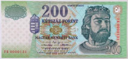 2002. 200Ft FB0000131 alacsony sorszám T:I / Hungary 2002. 200 Forint FB0000131 low serial number C:UNC