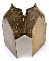 cca 1900 Orosz utazó ikon (poliptychon), bronz, erősen hiányos zománc díszítéssel, egyik zsanér sérü...
