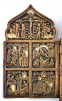 cca 1900 Orosz utazó ikon (poliptychon), bronz, erősen hiányos zománc díszítéssel, egyik zsanér sérü...