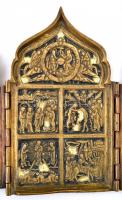 cca 1900 Orosz utazó ikon (poliptychon), bronz, erősen hiányos zománc díszítéssel, egyik zsanér sérü...