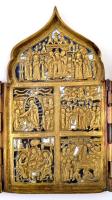 cca 1900 Orosz utazó ikon (poliptychon), bronz, erősen hiányos zománc díszítéssel, egyik zsanér sérü...