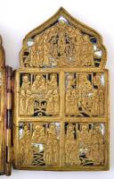 cca 1900 Orosz utazó ikon (poliptychon), bronz, erősen hiányos zománc díszítéssel, egyik zsanér sérü...