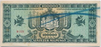 1946. 100.000MP hibás bankjegy banki áthúzással a hátoldalán, sorszám az előlap bal felső sarkában! ...