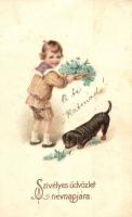 Névnap / Name day, child with dachshund, Amag No. 1241. litho