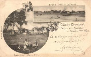 Egyházhely, Kiripolcz, Kostoliste; látkép, cigány tanya. Wiesner kiadása / panorama view with gypsy ranch, floral (vágott / cut)