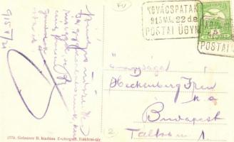 Kovácspatak, Kovacov; nyaralók a parton, vasútállomás vagonokkal. Grószner B. kiadása / villas, rive...