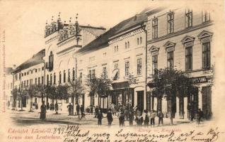 1899 Lőcse, Levoca, Leutschau; Körtér, Latzin János könyvkereskedése és saját kiadású lapja / Ringplatz / shops, street view