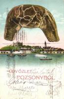 Pozsony, Pressburg, Bratislava; Schwappach Ágost Pozsonyi Patkó reklámlap, pozsonyi kiflis üdvözlőlap / greeting card with croissant, advertisement