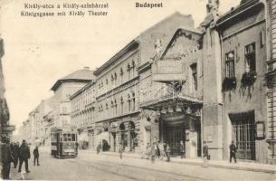 Budapest VII. Király utca, Király színház, cukorka és nyakkendő üzletek, bor- és sörház, villamos (EK)
