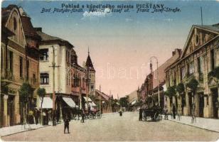 Pöstyénfürdő, Bad Piestany; Ferenc József út, üzletek, K. J. Bp. / street, shops (EM)