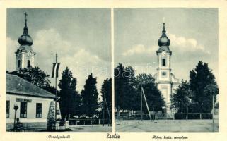 Zselíz, Zeliezovce; Római katolikus templom és népiskola, országzászló / church and school, Hungarian flag