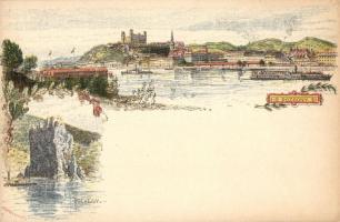 Pozsony, Pressburg, Bratislava; Ezredéves Országos Kiállítás, Dévény, vár, gőzhajók, 2 Kr Ga. floral litho s: Morelli, Dörre. T. / castle, steamships, general view