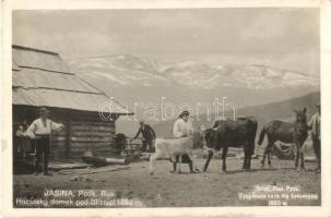 Kőrösmező, Jasina; Huculsky domek pod Bliznici / Hucul ház a hegyen, népviselet, Margit Rosenthal kiadása / Hutsul house on the mountain, folklore (ragasztónyom / glue mark)