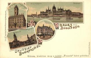 Budapest, Országház, Régi városháza, Kálvin tér, Etablissement Reutter vendéglő, Franck kávé reklámmal, floral Art Nouveau Carl Otto Hayd litho (kis szakadás / small tear)