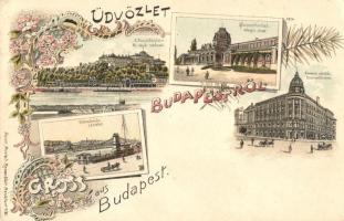 Budapest, Királyi vár és várbazár, Margit fürdő, Nemzeti Színház, Lánchíd, Kunstanstalt Rosenblatt floral Art Nouveau litho (EK)