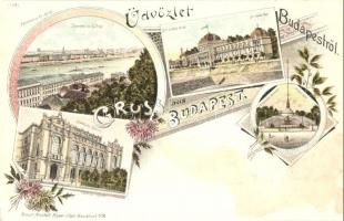 Budapest, Fővárosi vigadó, Artézi kút, Szent Lukács fürdő, Kir. vár, floral Art Nouveau Rosenblatt litho (fl)