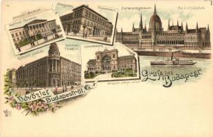 Budapest, Nemzeti Múzeum és Színház, Műegyetem, Országház, Központi (Keleti) pályaudvar, Ottmar Zieher floral Art Nouveau litho