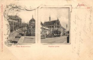 Jaslo, Ulica Mickiewicza, Kaplica gimn. Nakladem J. Bernera / street view with tram, grammar school, Art Nouveau