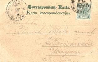 Jaslo, Ulica Mickiewicza, Kaplica gimn. Nakladem J. Bernera / street view with tram, grammar school,...